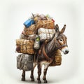 Little donkey is loaded with many boxes and packages, donkey is carrying lot of things, heavy load,