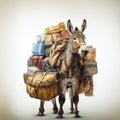 Little donkey is loaded with many boxes and packages, donkey is carrying lot of things, heavy load, hard work,