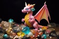 little dragon playing with colorful gemstones