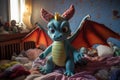 a little dragon stuffed toy on a neatly made kids bed