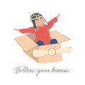 Little dreamer boy playing with a cardboard airplane. Childhood. Fantasy, imagination. Royalty Free Stock Photo