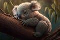 Little Dreamer Sleepy baby koala peacefully napping on a eucalyptus tree branch Royalty Free Stock Photo