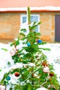 Little dressed up green Christmas tree covered with snow on the background of a house in the village. Winter holidays in