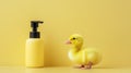 Little duckling standing next to a minimalist hand soap dispenser