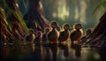 Little Ducklings Following Their Mother in A File on A Beautiful Lake Swamp AI Generative