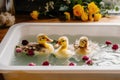 Little ducklings are swimming in a bath with flowers. Generative AI