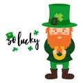 A little dwarf with red beard and green hat with a clover is holding a horseshoe in his hands. A postcard with small