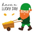 A little dwarf with a red beard and a green striped hat is driving a cart full of gold coins. A postcard with a small