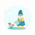 little dwarf waters the flowers in the garden. Vector characters in flat style Royalty Free Stock Photo