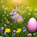 Little Easter bunny and Easter eggs on green grass Royalty Free Stock Photo