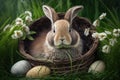 Little Easter bunny in woven basket with eggs spring flowers decoration. Generative AI