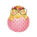 Little Easter chicken wearing glasses in cracked egg