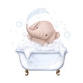 Little elephant bathing, watercolor style illustration, children`s clipart