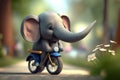 Little elephant cruising through the woods on a moped