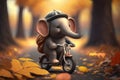 Little Elephant Cycling in the Autumn Woods with Falling Leaves