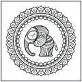 Little elephant in frame mandala. Hand-drawn cute illustration. Indian theme with ornaments.