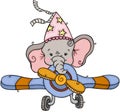 Little elephant with party hat flying an airplane