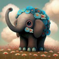 The little elephant plays with its trunk with the flowers - Generate Artificial Intelligente - AI Royalty Free Stock Photo