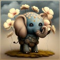 The little elephant plays with its trunk with the flowers - Generate Artificial Intelligente - AI Royalty Free Stock Photo