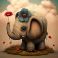 The little elephant plays with its trunk with the flowers - Generate Artificial Intelligente - AI Royalty Free Stock Photo