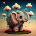 The little elephant plays with its trunk with the flowers - Generate Artificial Intelligente - AI Royalty Free Stock Photo