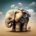 The little elephant plays with its trunk with the flowers - Generate Artificial Intelligente - AI Royalty Free Stock Photo