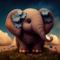 The little elephant plays with its trunk with the flowers - Generate Artificial Intelligente - AI Royalty Free Stock Photo