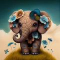 The little elephant plays with its trunk with the flowers - Generate Artificial Intelligente - AI Royalty Free Stock Photo