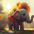 The little elephant plays with its trunk with the flowers - Generate Artificial Intelligente - AI Royalty Free Stock Photo