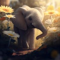 The little elephant plays with its trunk with the flowers - Generate Artificial Intelligente - AI Royalty Free Stock Photo