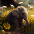 The little elephant plays with its trunk with the flowers - Generate Artificial Intelligente - AI Royalty Free Stock Photo