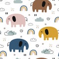 Little elephant seamless pattern with cloudy sky and rainbow. Cute Animal Cartoon Backgrounds