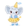 Little elephant stands in a beautiful yellow dress on a white background