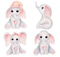 Little elephants hand drawn raster illustrations set