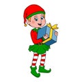 Little elf. Christmas elf holds gift box with ribbon and bow. Cute cartoon Santa Claus helper elf in costume as symbol New Year Royalty Free Stock Photo