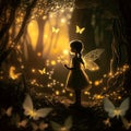 little elf girl with golden wings at night in the forest Royalty Free Stock Photo