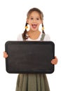 Little emotional schoolgirl with empty chalkboard