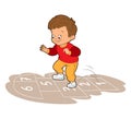 A little European boy in a burgundy sweatshirt is jumping while playing hopscotch. Vector illustration in cartoon style Royalty Free Stock Photo