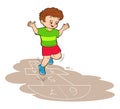 A little European boy in a green T-shirt is jumping while playing hopscotch. Vector illustration in cartoon style Royalty Free Stock Photo