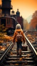 A little explorer, suitcase by their side, walks beside the charming railroad