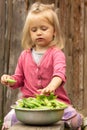 Little fair-haired girl taking pea pod from a bowl full of ripe green peas Royalty Free Stock Photo