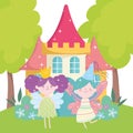 Little fairies princess with wings crown castle tale cartoon