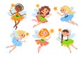 Little fairy. Beautiful girls with wings and magic wands, cute fabulous small characters, young sorceresses in colored Royalty Free Stock Photo