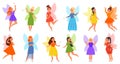 Little fairy collection. Kids fairies in dress, funny magical girls with wings. Cartoon tales characters, cute fantasy Royalty Free Stock Photo