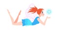 Little fairy. Cute cartoon female character with pink butterfly wings lying, fantasy creature with magic ball, myth of