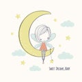 Little fairy girl on the moon. Childish doodle vector illustration