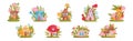 Little Fairy House Among Blooming Garden Flower Vector Set Royalty Free Stock Photo