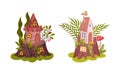 Little Fairy House Rested on Tree Stump with Flora and Foliage Vector Set Royalty Free Stock Photo
