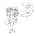 Little fairy with a magic wand and the moon chine coloring humorous children