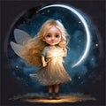 Little fairy with magic wand in the night sky. Fantasy illustration for children\'s book. Generative AI Royalty Free Stock Photo